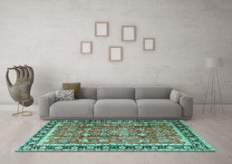 Machine Washable Persian Turquoise Traditional Area Rugs in a Living Room,, wshtr3977turq