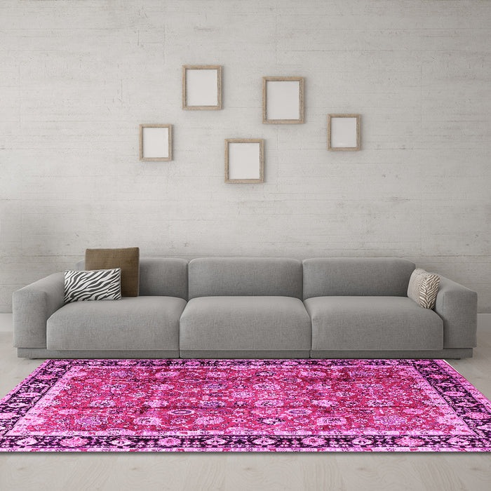 Machine Washable Persian Pink Traditional Rug in a Living Room, wshtr3977pnk