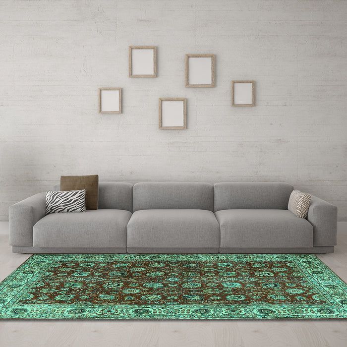 Machine Washable Persian Turquoise Traditional Area Rugs in a Living Room,, wshtr3978turq