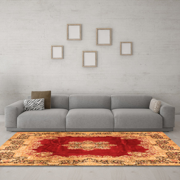 Machine Washable Medallion Orange Traditional Area Rugs in a Living Room, wshtr3979org