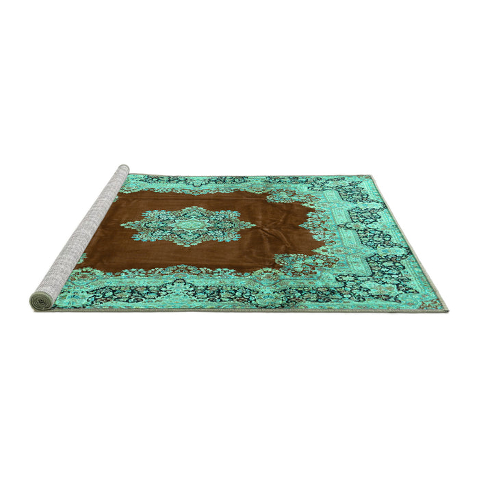 Sideview of Machine Washable Medallion Turquoise Traditional Area Rugs, wshtr3979turq
