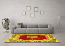 Machine Washable Medallion Yellow Traditional Rug in a Living Room, wshtr3979yw