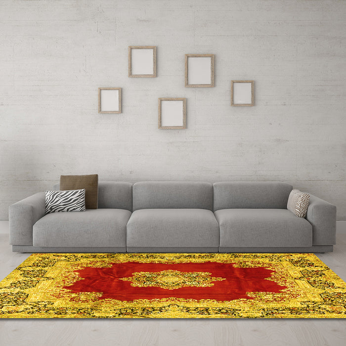 Machine Washable Medallion Yellow Traditional Rug in a Living Room, wshtr3979yw