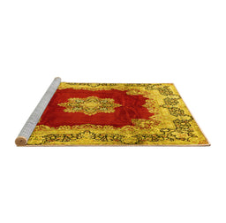 Sideview of Machine Washable Medallion Yellow Traditional Rug, wshtr3979yw