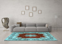 Machine Washable Medallion Light Blue Traditional Rug, wshtr3979lblu