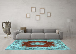 Machine Washable Medallion Light Blue Traditional Rug in a Living Room, wshtr3979lblu