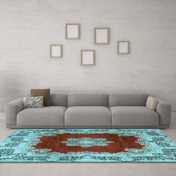 Machine Washable Medallion Light Blue Traditional Rug in a Living Room, wshtr3979lblu