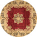 Round Machine Washable Medallion Brown Traditional Rug, wshtr3979brn