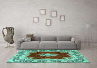 Machine Washable Medallion Turquoise Traditional Rug, wshtr3979turq