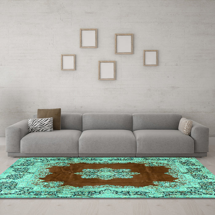 Machine Washable Medallion Turquoise Traditional Area Rugs in a Living Room,, wshtr3979turq