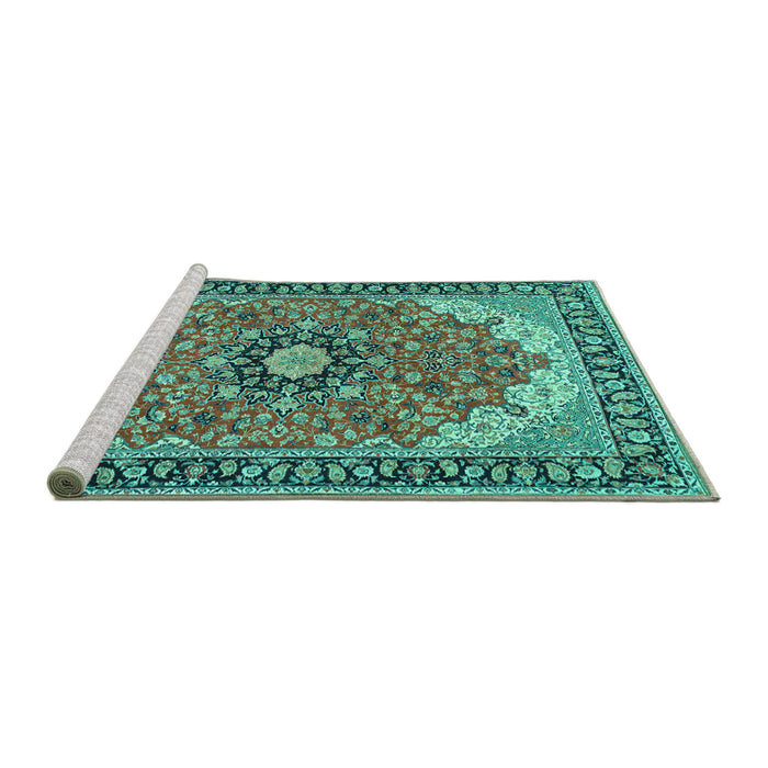 Sideview of Machine Washable Medallion Turquoise Traditional Area Rugs, wshtr397turq