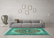 Machine Washable Medallion Turquoise Traditional Area Rugs in a Living Room,, wshtr397turq