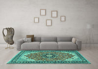 Machine Washable Medallion Turquoise Traditional Rug, wshtr397turq