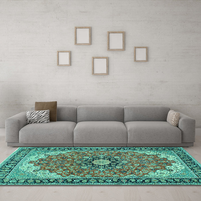 Machine Washable Medallion Turquoise Traditional Area Rugs in a Living Room,, wshtr397turq