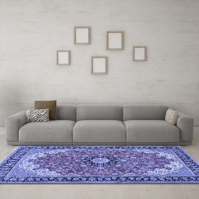 Machine Washable Medallion Blue Traditional Rug in a Living Room, wshtr397blu