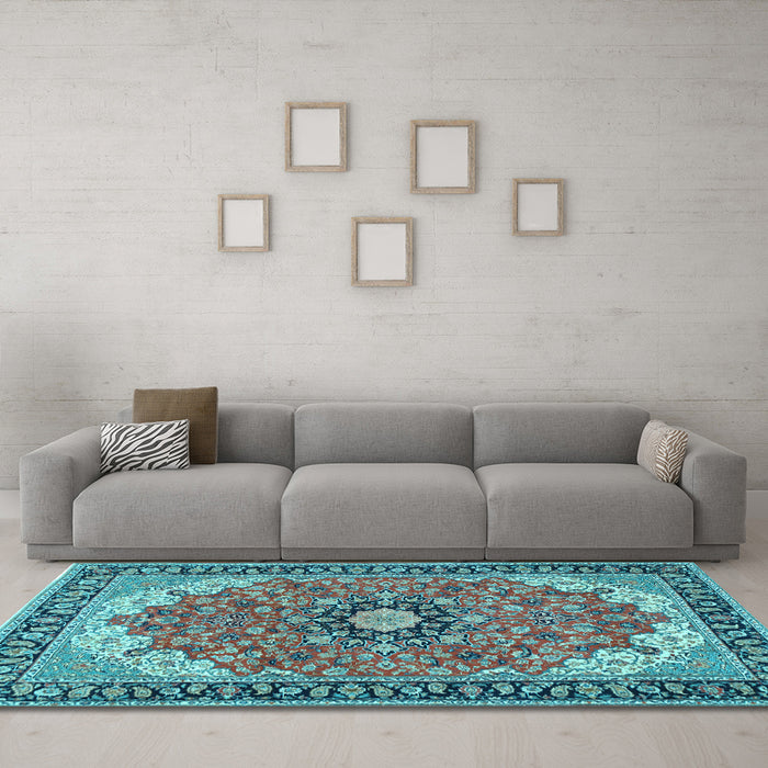 Machine Washable Medallion Light Blue Traditional Rug in a Living Room, wshtr397lblu