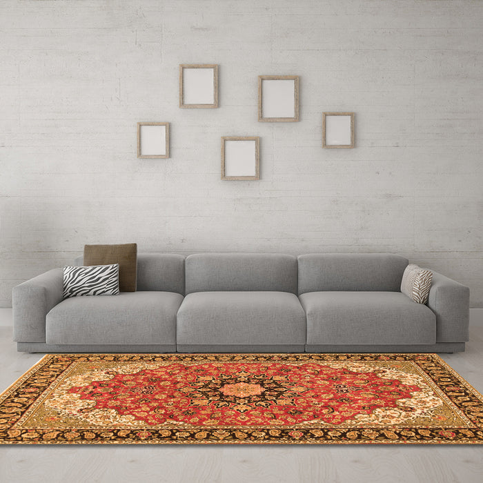 Machine Washable Medallion Orange Traditional Area Rugs in a Living Room, wshtr397org