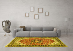 Machine Washable Medallion Yellow Traditional Rug in a Living Room, wshtr397yw