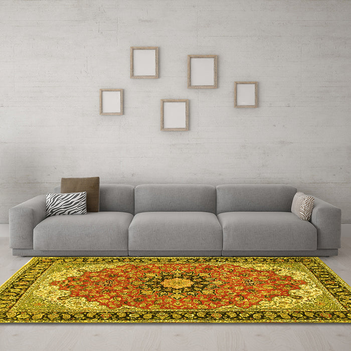 Machine Washable Medallion Yellow Traditional Rug in a Living Room, wshtr397yw