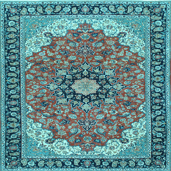 Square Machine Washable Medallion Light Blue Traditional Rug, wshtr397lblu