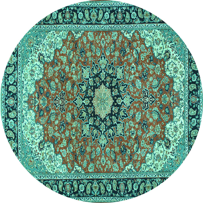 Round Machine Washable Medallion Turquoise Traditional Area Rugs, wshtr397turq