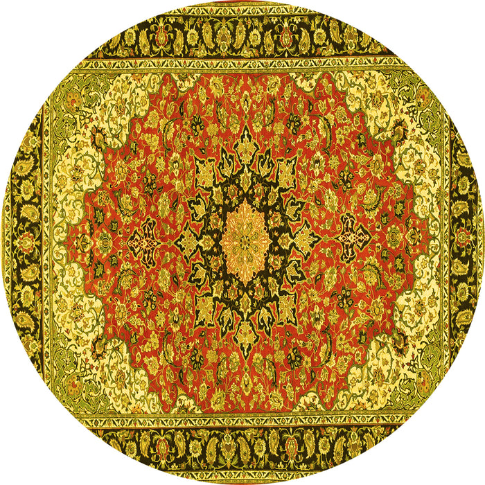 Round Machine Washable Medallion Yellow Traditional Rug, wshtr397yw