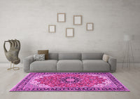 Machine Washable Medallion Pink Traditional Rug, wshtr397pnk