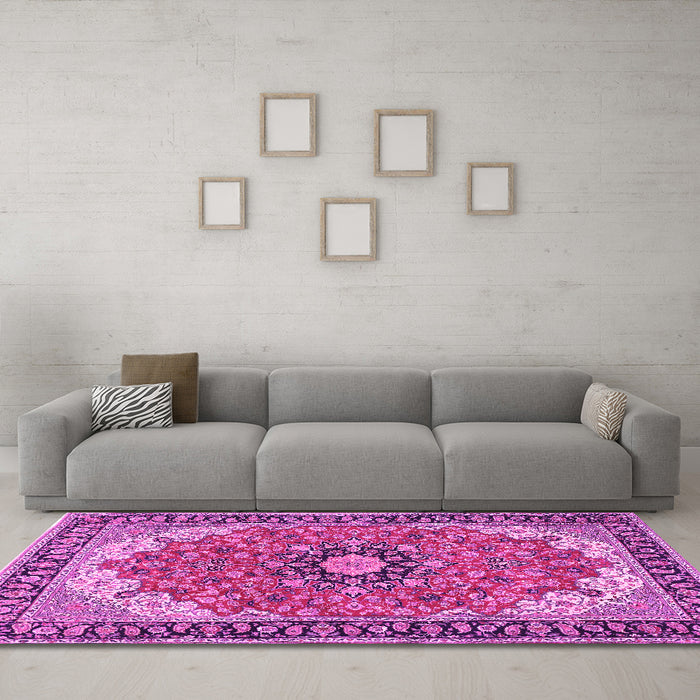 Machine Washable Medallion Pink Traditional Rug in a Living Room, wshtr397pnk