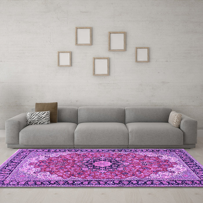 Machine Washable Medallion Purple Traditional Area Rugs in a Living Room, wshtr397pur