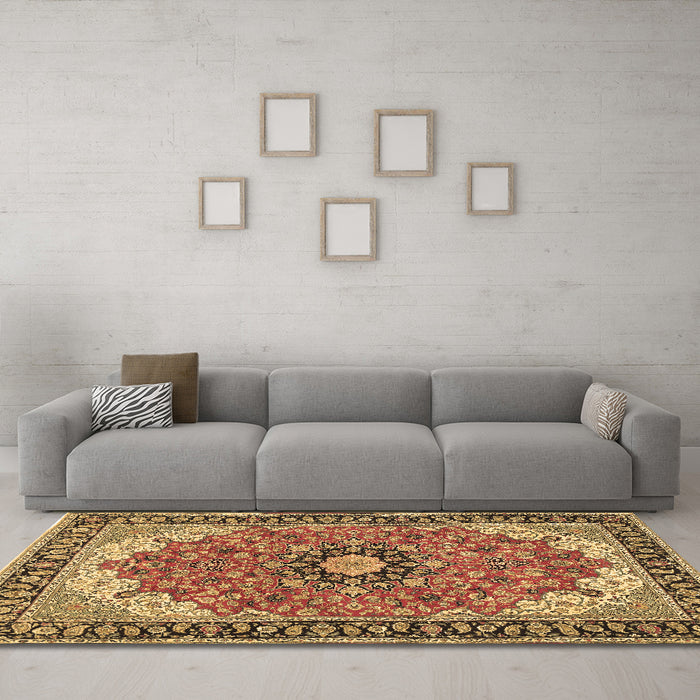 Machine Washable Medallion Brown Traditional Rug in a Living Room,, wshtr397brn
