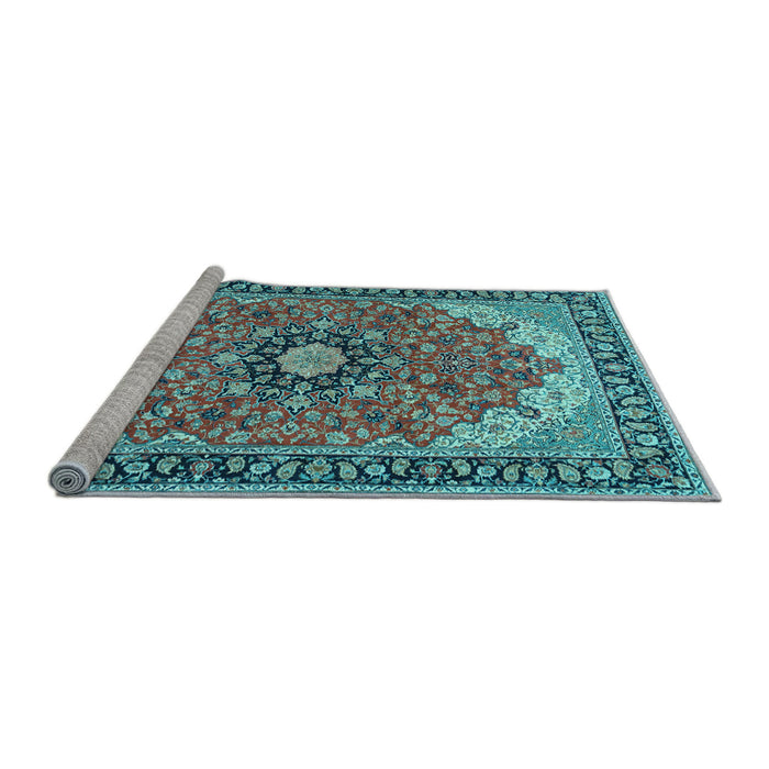 Sideview of Machine Washable Medallion Light Blue Traditional Rug, wshtr397lblu