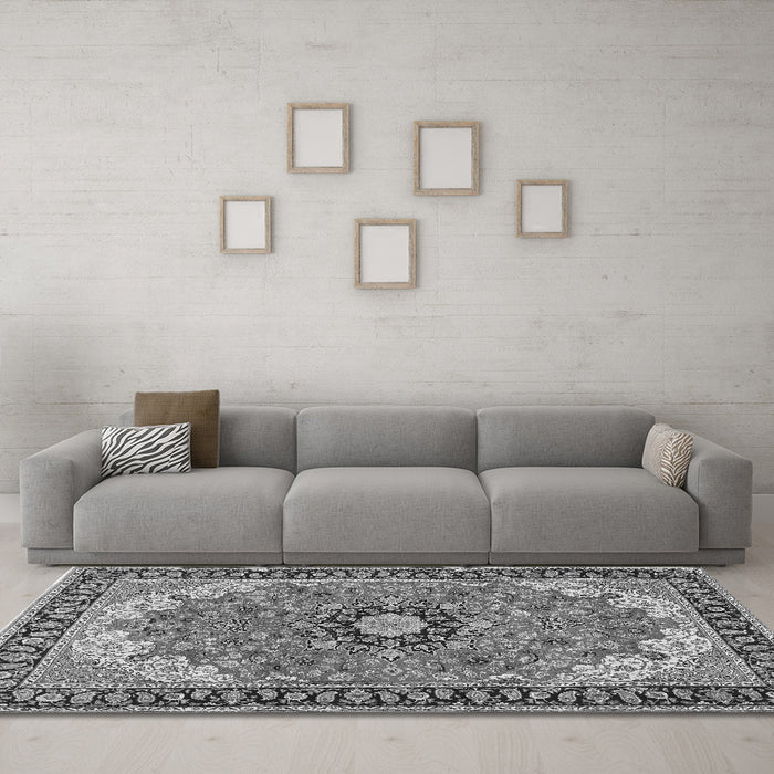 Machine Washable Medallion Gray Traditional Rug in a Living Room,, wshtr397gry