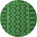 Round Machine Washable Southwestern Emerald Green Country Area Rugs, wshtr3982emgrn