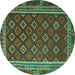 Round Machine Washable Southwestern Turquoise Country Area Rugs, wshtr3984turq