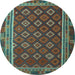 Round Machine Washable Southwestern Light Blue Country Rug, wshtr3984lblu