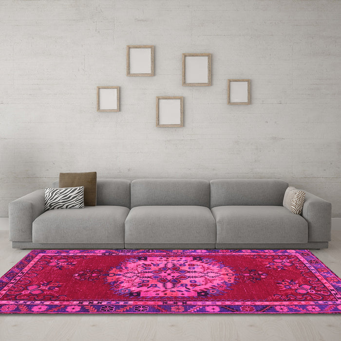 Machine Washable Persian Pink Traditional Rug in a Living Room, wshtr3985pnk
