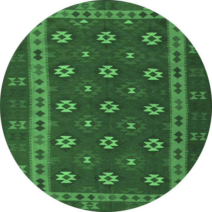 Round Machine Washable Southwestern Emerald Green Country Area Rugs, wshtr3986emgrn