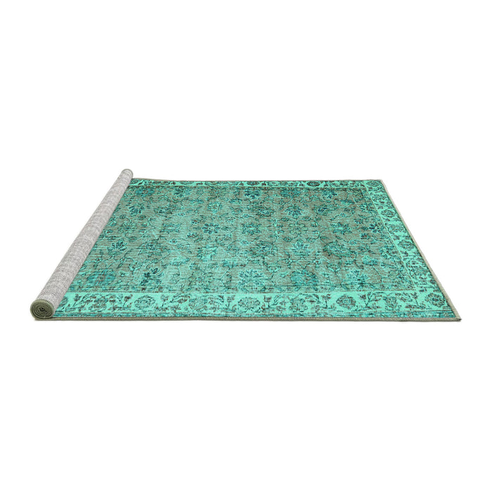 Sideview of Machine Washable Persian Turquoise Traditional Area Rugs, wshtr3987turq
