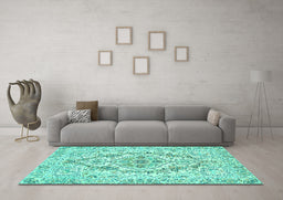 Machine Washable Medallion Turquoise Traditional Area Rugs in a Living Room,, wshtr398turq