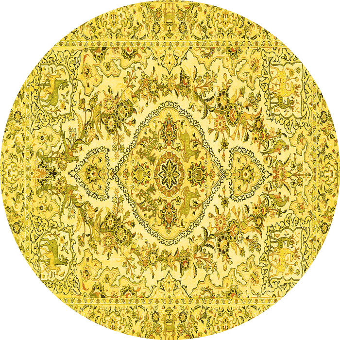 Round Machine Washable Medallion Yellow Traditional Rug, wshtr398yw