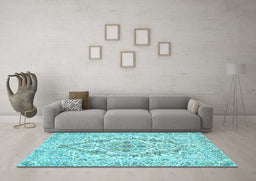 Machine Washable Medallion Light Blue Traditional Rug in a Living Room, wshtr398lblu