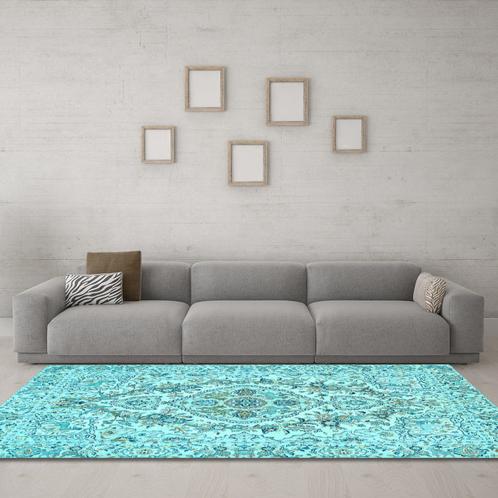 Machine Washable Medallion Light Blue Traditional Rug in a Living Room, wshtr398lblu