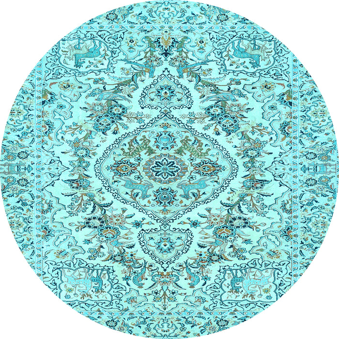 Round Machine Washable Medallion Light Blue Traditional Rug, wshtr398lblu