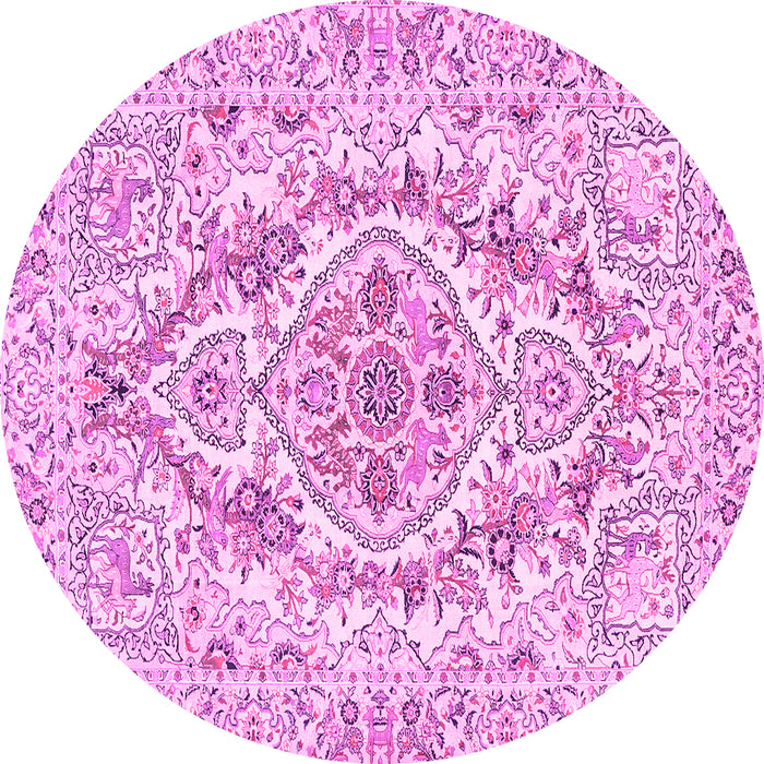 Round Machine Washable Medallion Pink Traditional Rug, wshtr398pnk