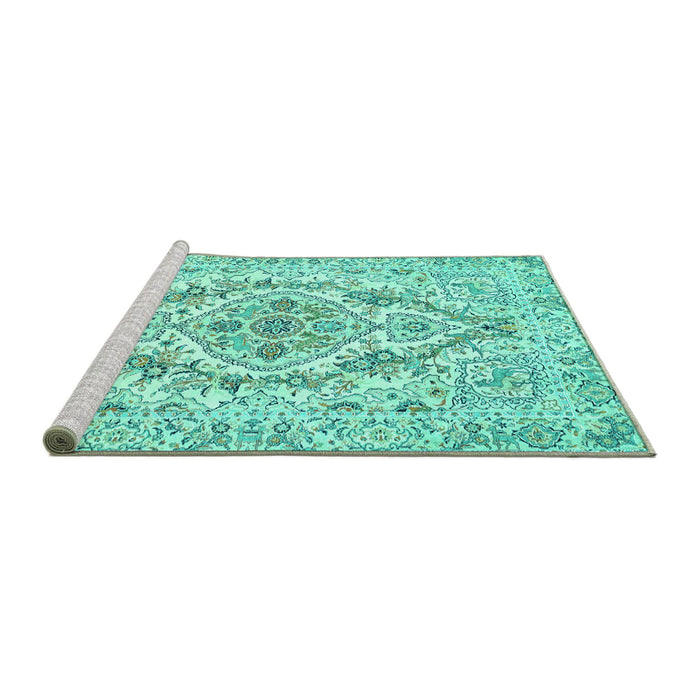 Sideview of Machine Washable Medallion Turquoise Traditional Area Rugs, wshtr398turq