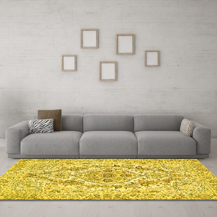 Machine Washable Medallion Yellow Traditional Rug in a Living Room, wshtr398yw