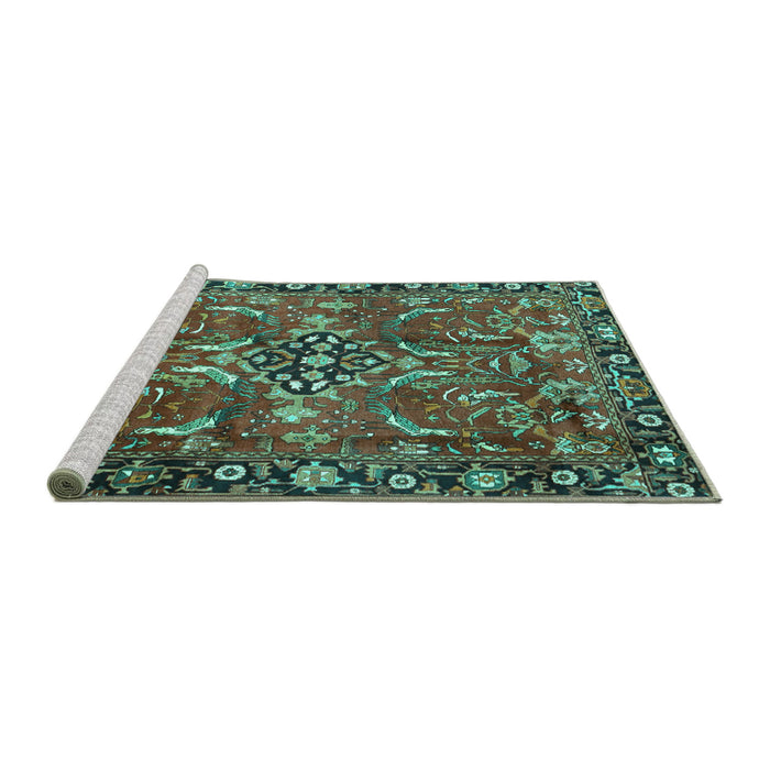 Sideview of Machine Washable Persian Turquoise Traditional Area Rugs, wshtr3990turq
