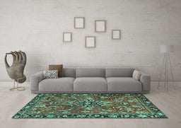 Machine Washable Persian Turquoise Traditional Area Rugs in a Living Room,, wshtr3990turq