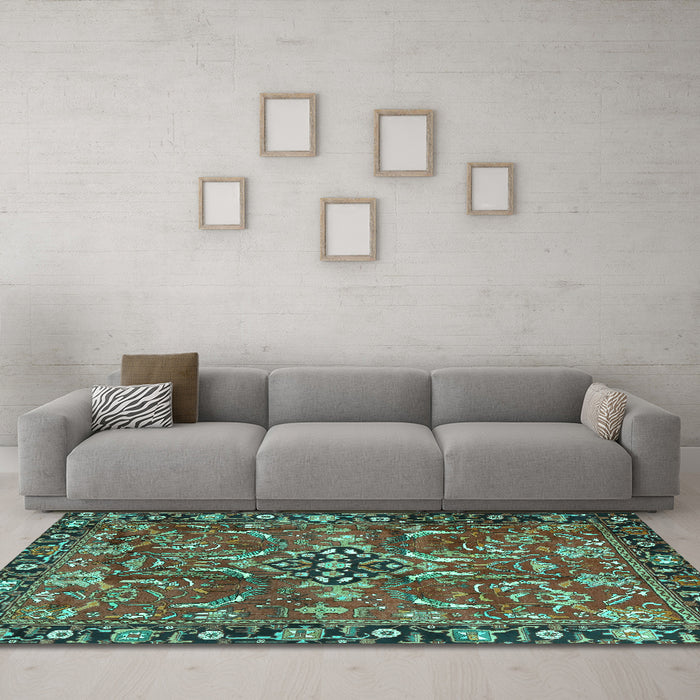 Machine Washable Persian Turquoise Traditional Area Rugs in a Living Room,, wshtr3990turq