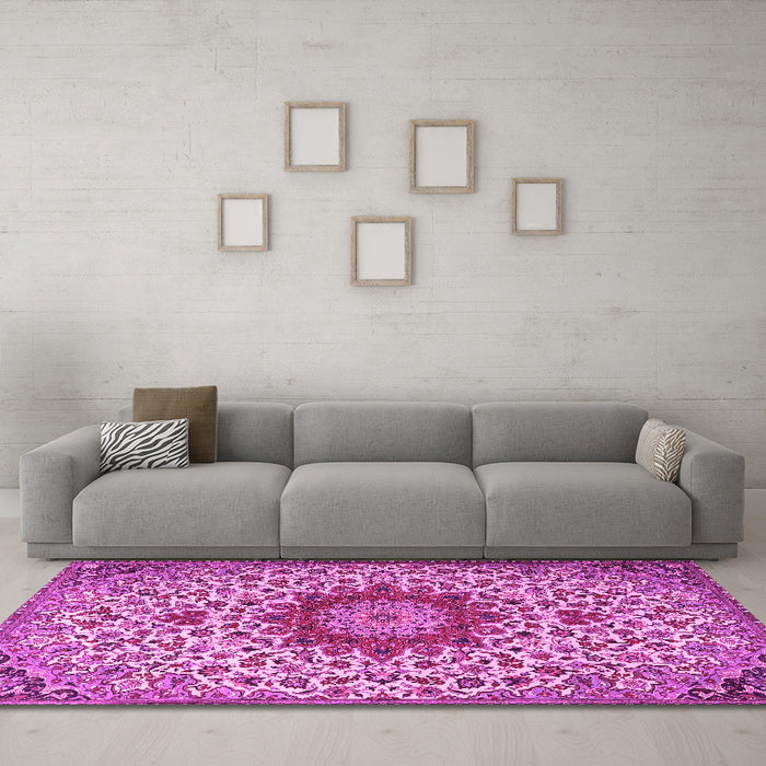 Machine Washable Medallion Pink Traditional Rug in a Living Room, wshtr3992pnk